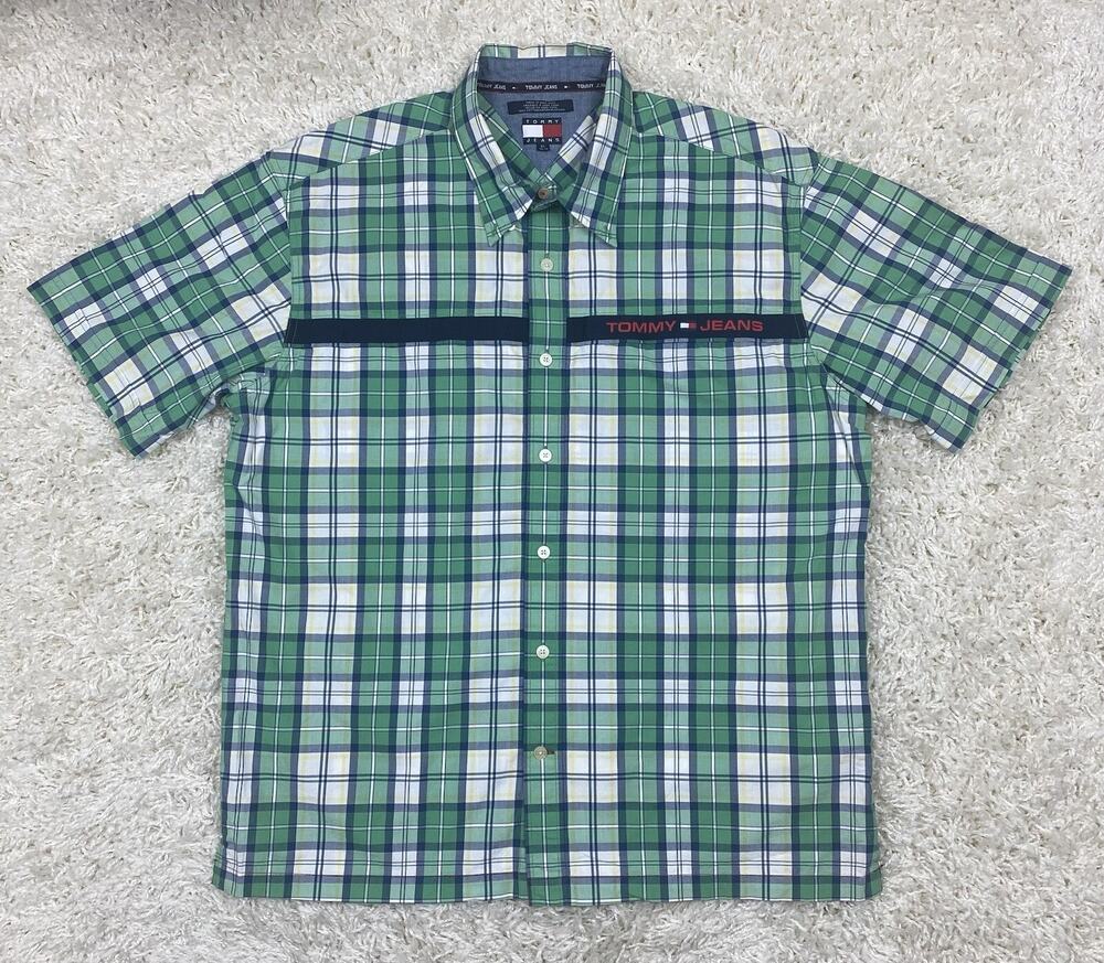 Vintage Tommy Jeans 2002 Plaid Shirt Mens XL Green Spellout Y2K Short Sleeve